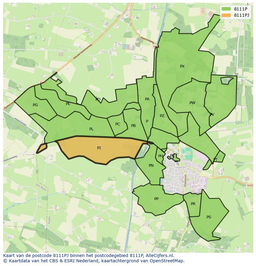 Afbeelding van het postcodegebied 8111 PJ op de kaart.