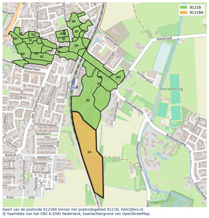 Afbeelding van het postcodegebied 8121 BA op de kaart.