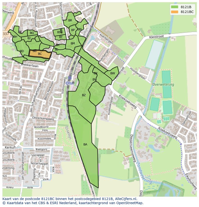 Afbeelding van het postcodegebied 8121 BC op de kaart.