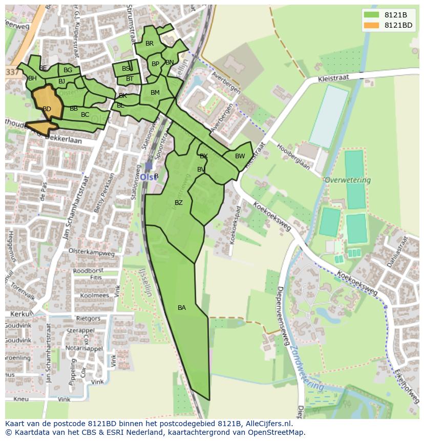 Afbeelding van het postcodegebied 8121 BD op de kaart.