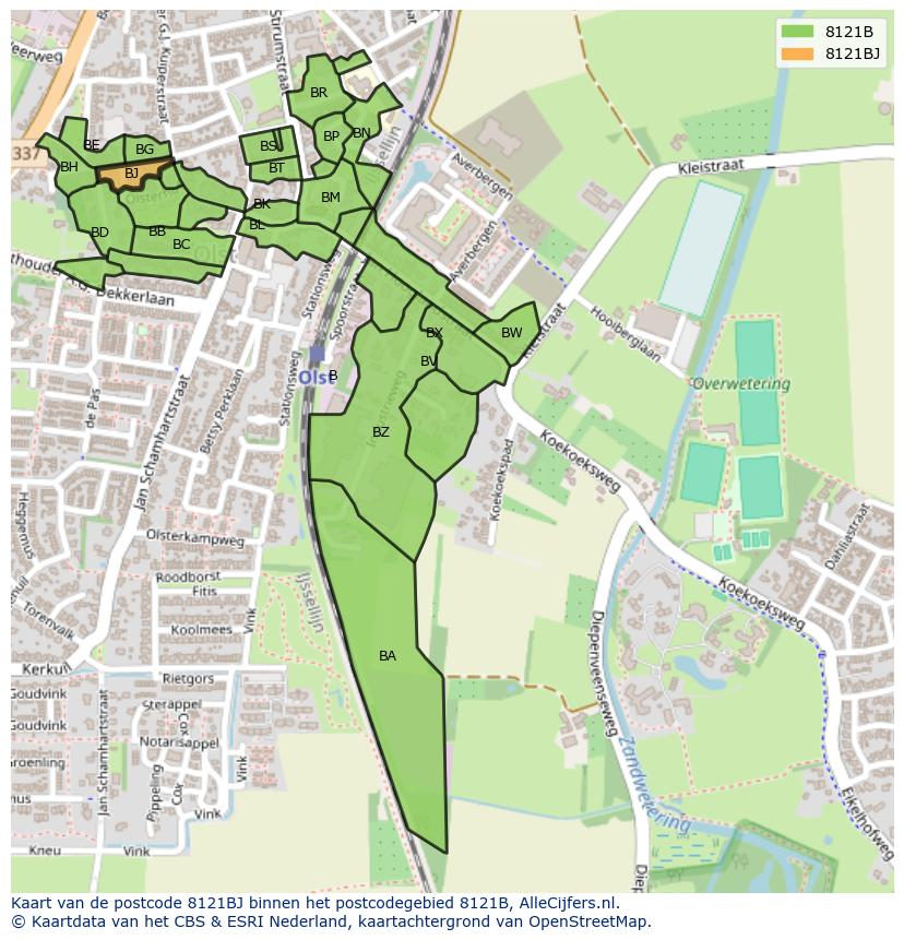 Afbeelding van het postcodegebied 8121 BJ op de kaart.