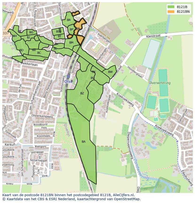 Afbeelding van het postcodegebied 8121 BN op de kaart.