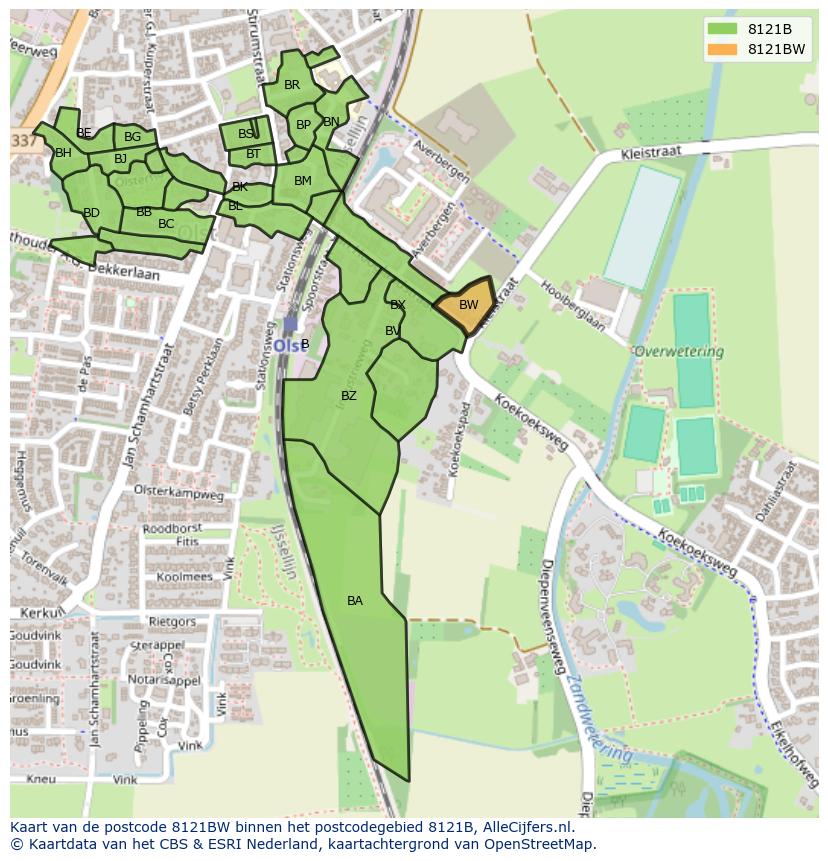 Afbeelding van het postcodegebied 8121 BW op de kaart.