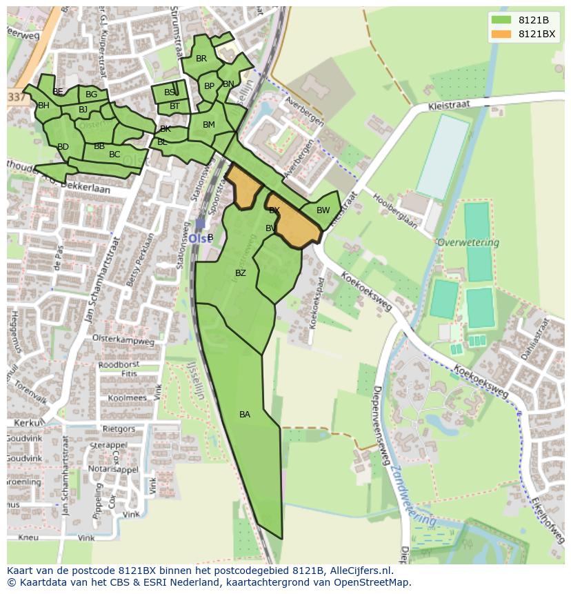 Afbeelding van het postcodegebied 8121 BX op de kaart.