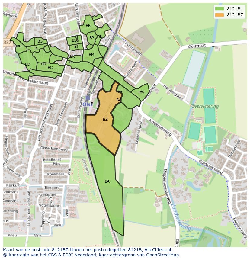Afbeelding van het postcodegebied 8121 BZ op de kaart.