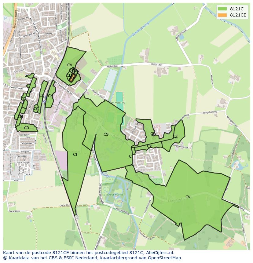 Afbeelding van het postcodegebied 8121 CE op de kaart.