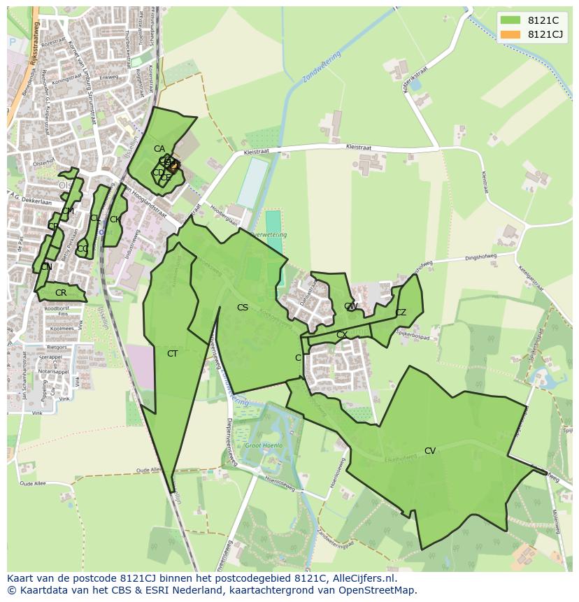 Afbeelding van het postcodegebied 8121 CJ op de kaart.