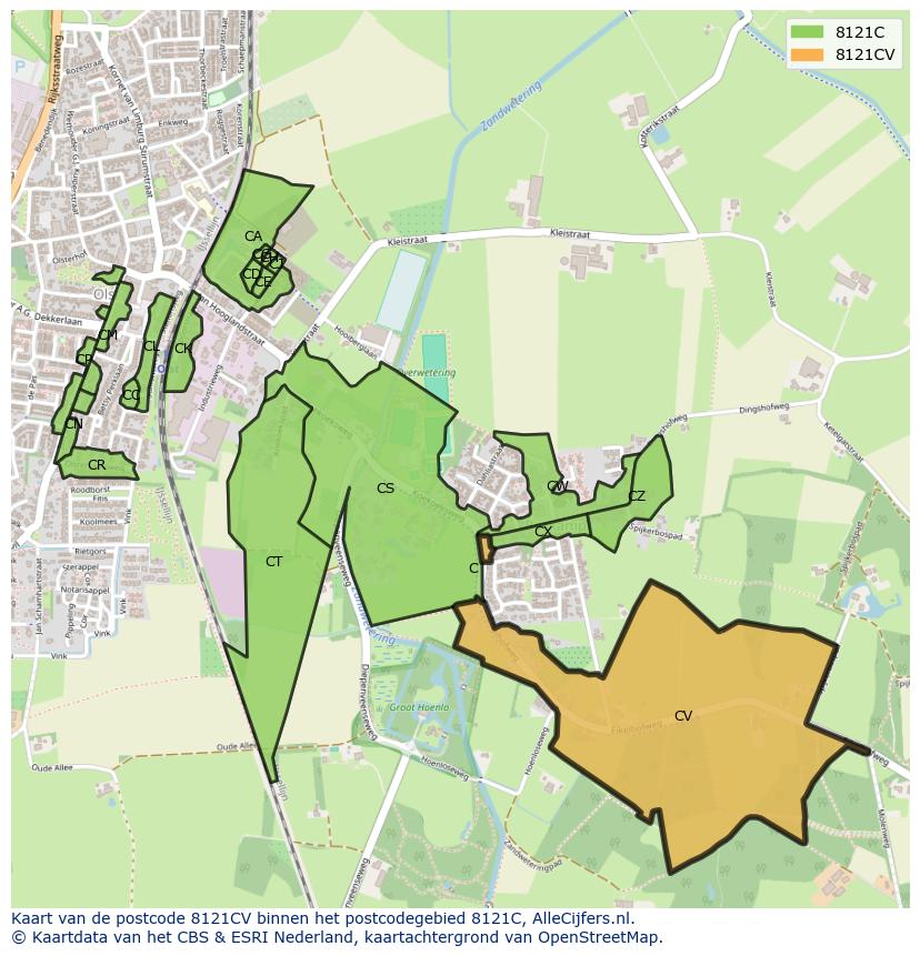 Afbeelding van het postcodegebied 8121 CV op de kaart.