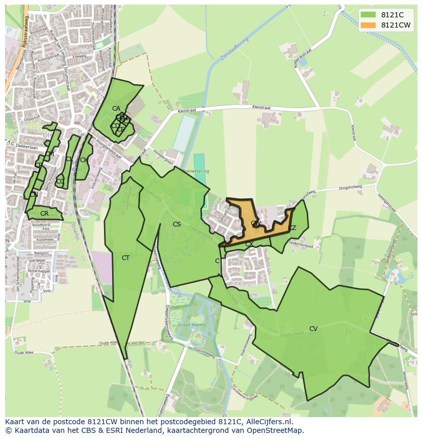 Afbeelding van het postcodegebied 8121 CW op de kaart.