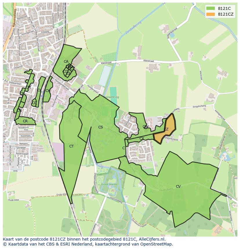 Afbeelding van het postcodegebied 8121 CZ op de kaart.