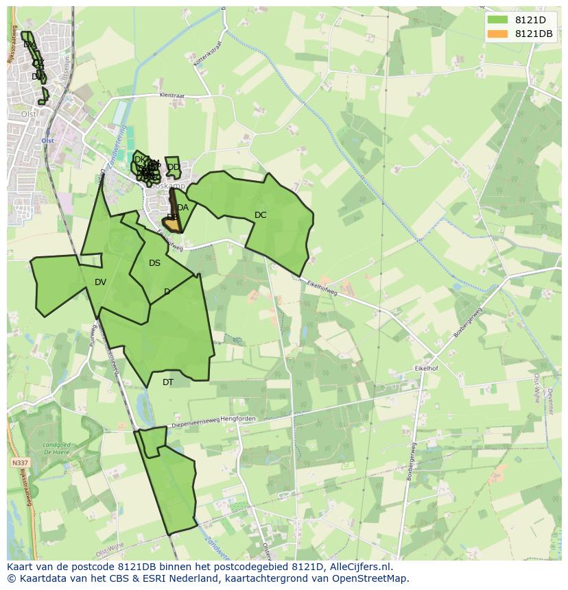 Afbeelding van het postcodegebied 8121 DB op de kaart.