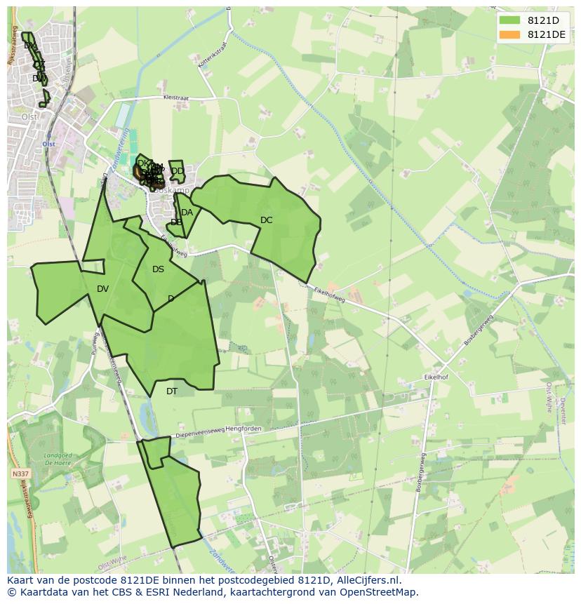 Afbeelding van het postcodegebied 8121 DE op de kaart.