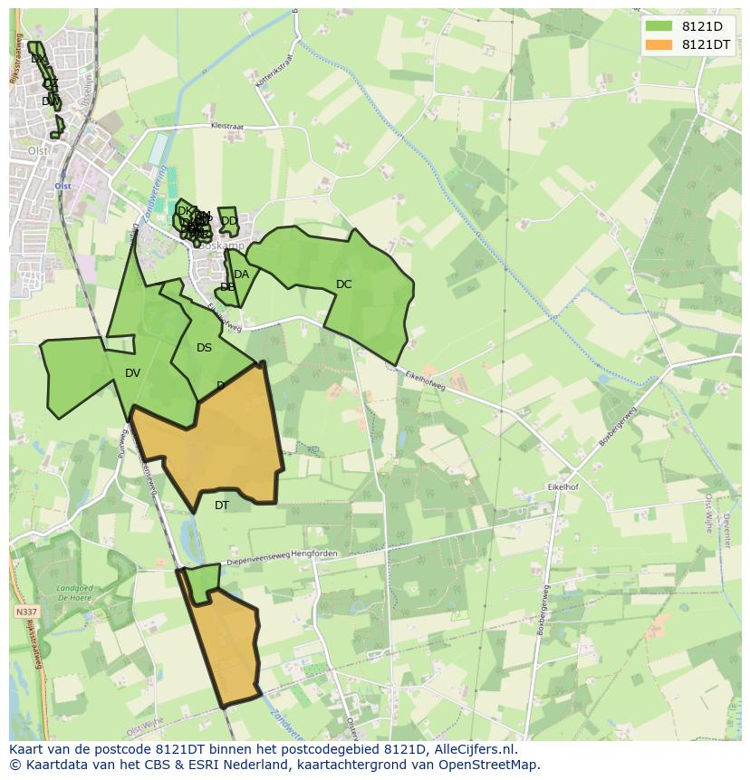 Afbeelding van het postcodegebied 8121 DT op de kaart.