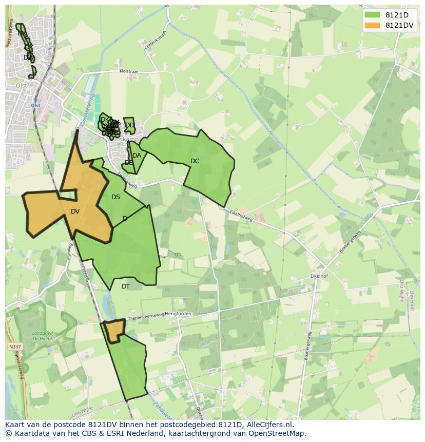 Afbeelding van het postcodegebied 8121 DV op de kaart.