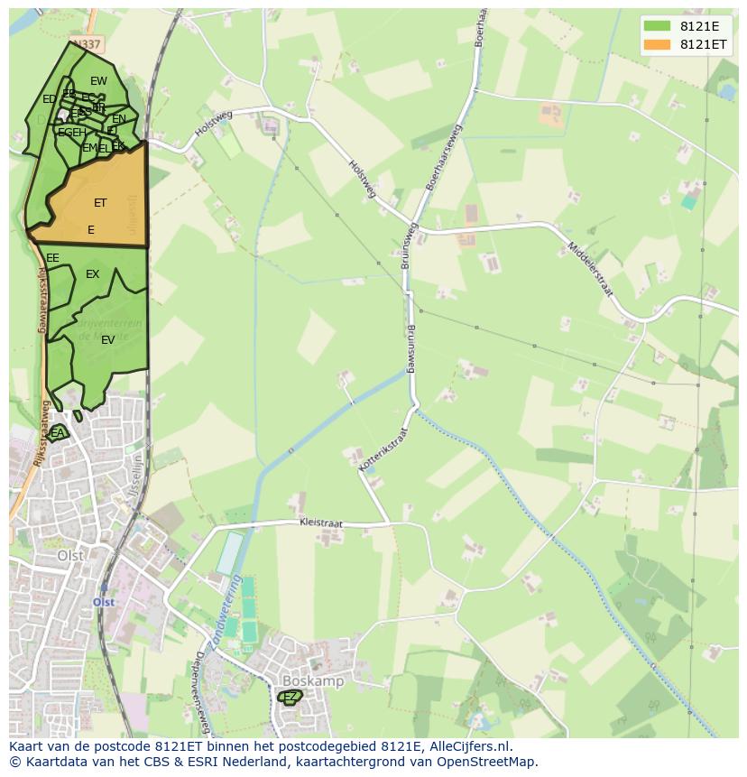 Afbeelding van het postcodegebied 8121 ET op de kaart.