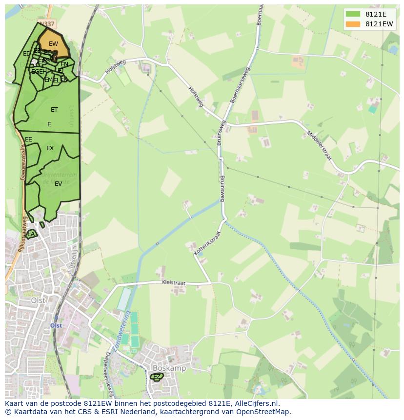 Afbeelding van het postcodegebied 8121 EW op de kaart.