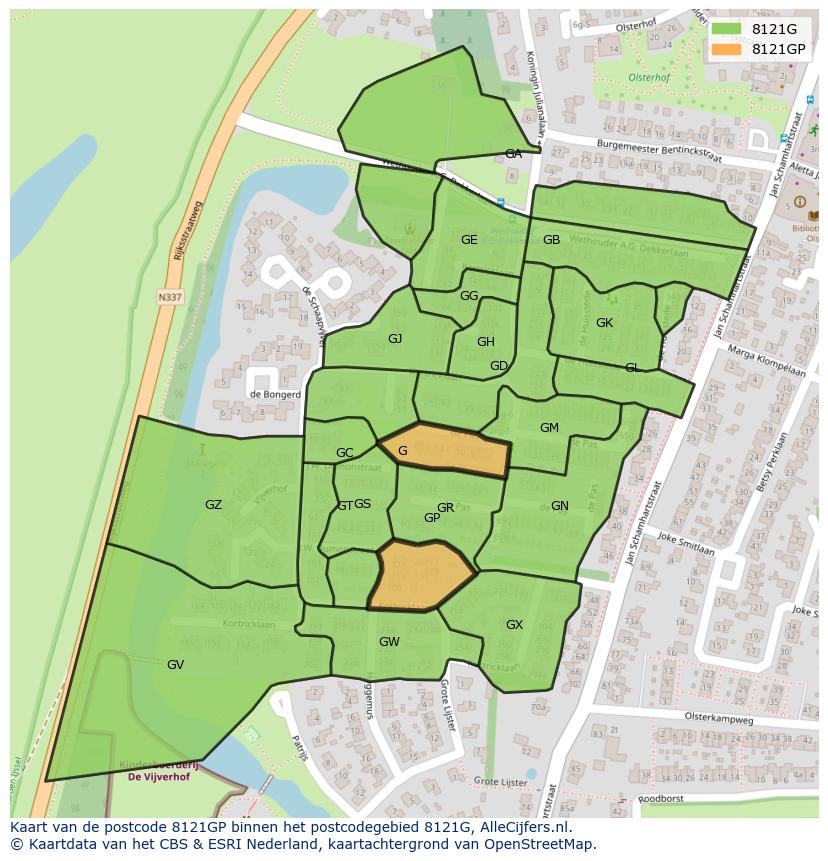 Afbeelding van het postcodegebied 8121 GP op de kaart.