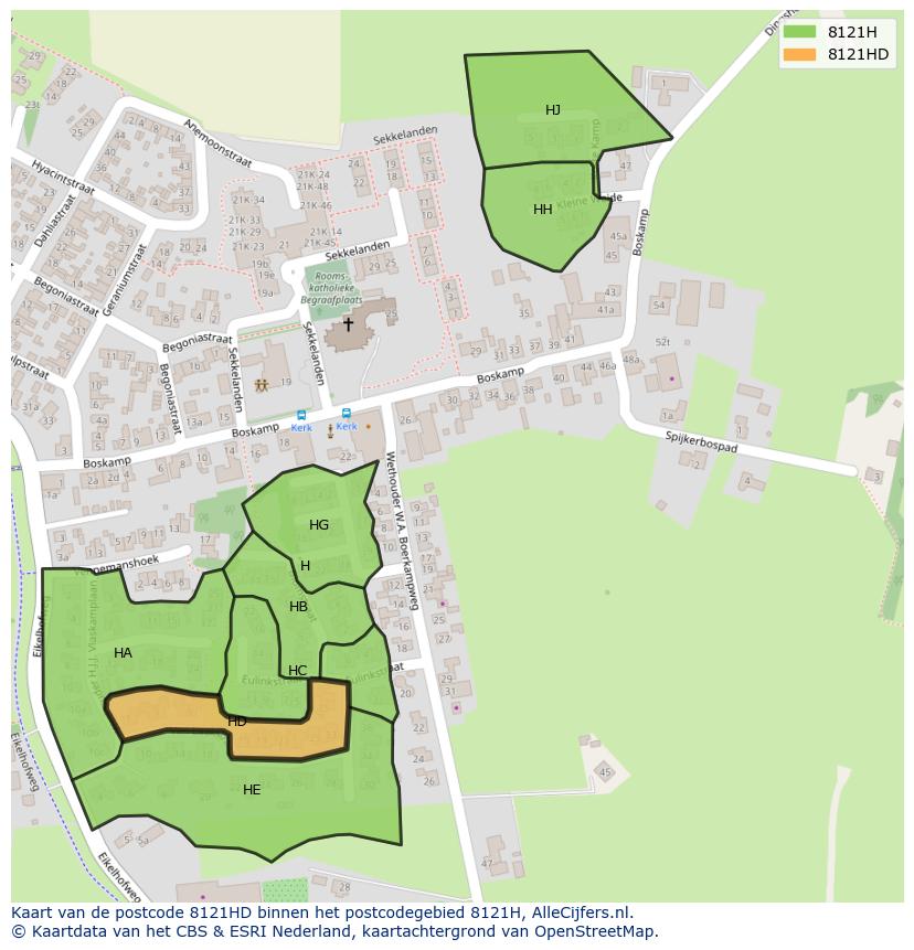 Afbeelding van het postcodegebied 8121 HD op de kaart.