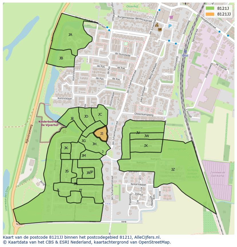 Afbeelding van het postcodegebied 8121 JJ op de kaart.