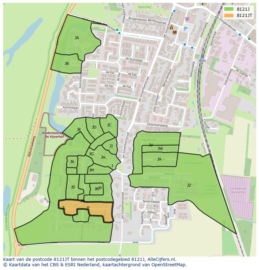 Afbeelding van het postcodegebied 8121 JT op de kaart.