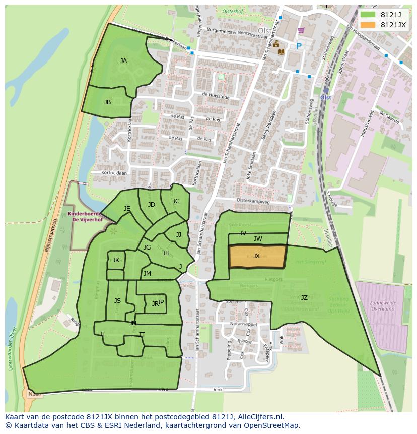 Afbeelding van het postcodegebied 8121 JX op de kaart.