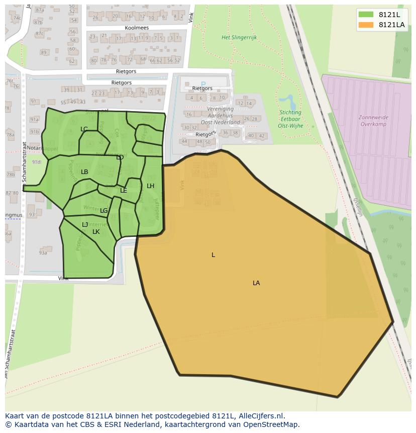 Afbeelding van het postcodegebied 8121 LA op de kaart.