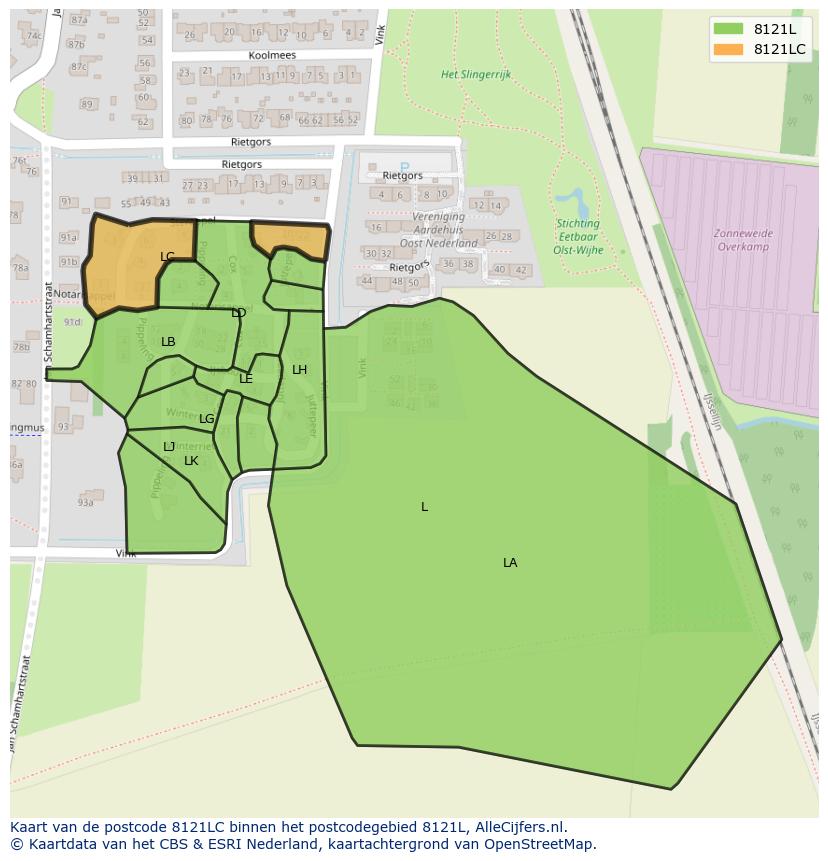 Afbeelding van het postcodegebied 8121 LC op de kaart.