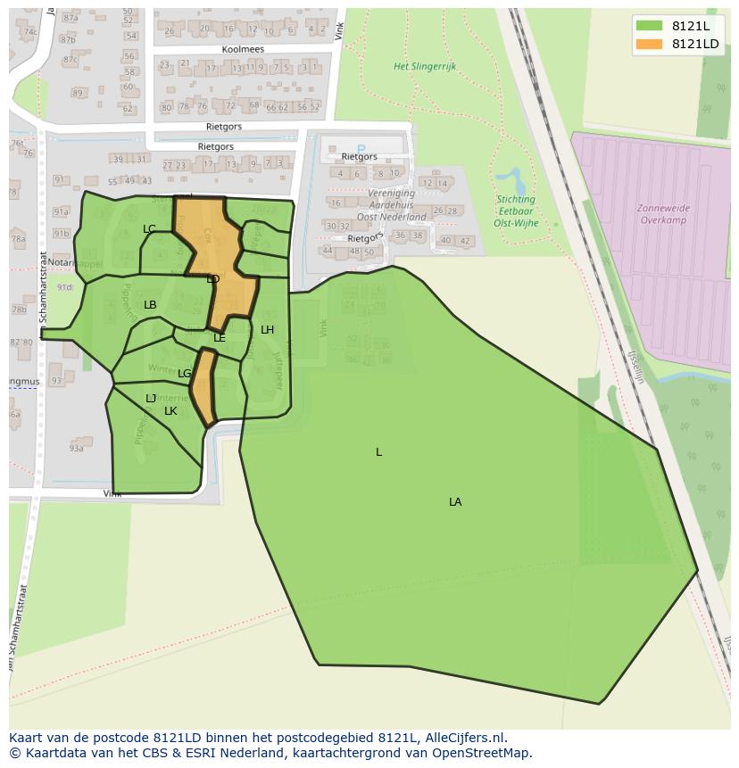 Afbeelding van het postcodegebied 8121 LD op de kaart.