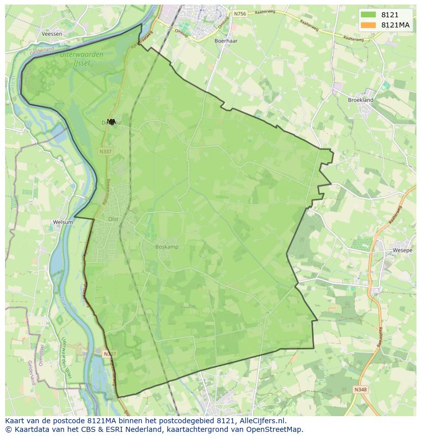 Afbeelding van het postcodegebied 8121 MA op de kaart.