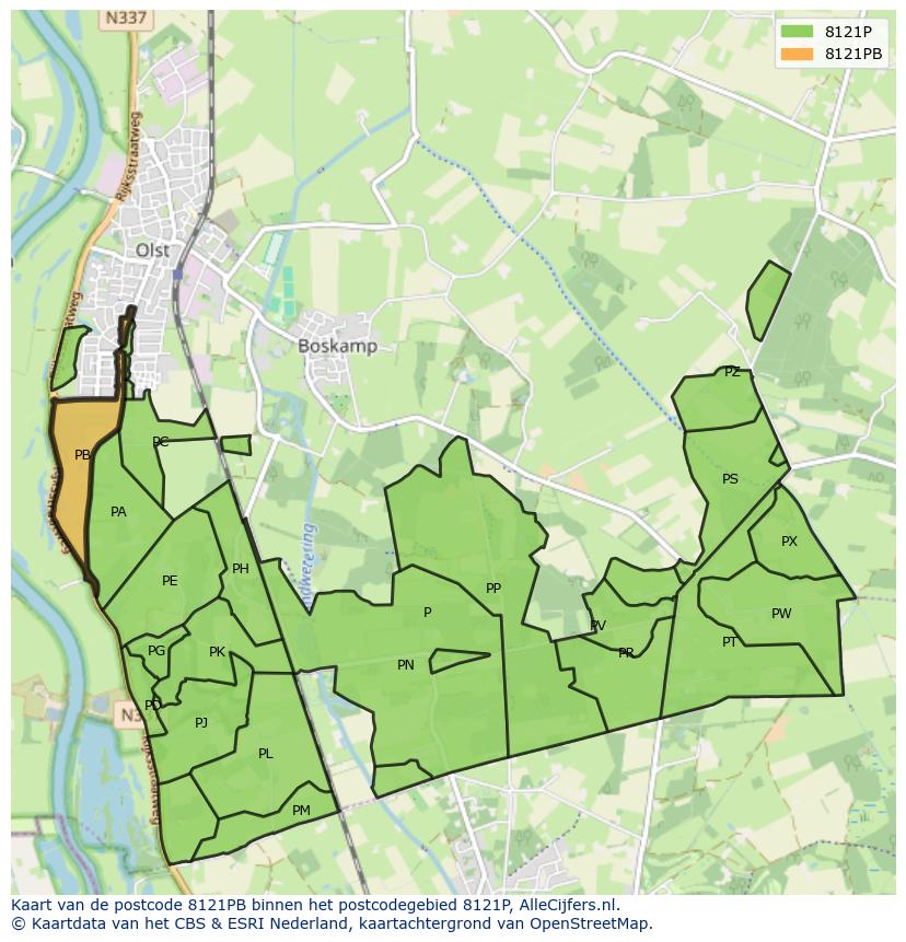 Afbeelding van het postcodegebied 8121 PB op de kaart.
