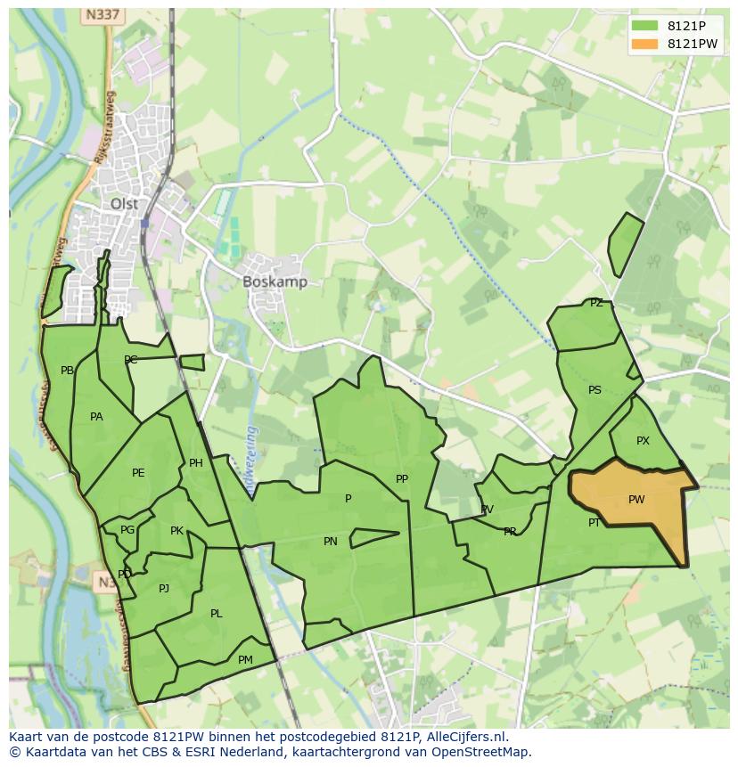 Afbeelding van het postcodegebied 8121 PW op de kaart.