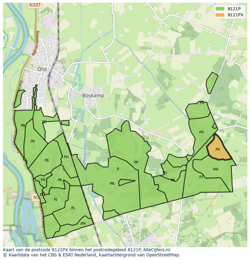Afbeelding van het postcodegebied 8121 PX op de kaart.