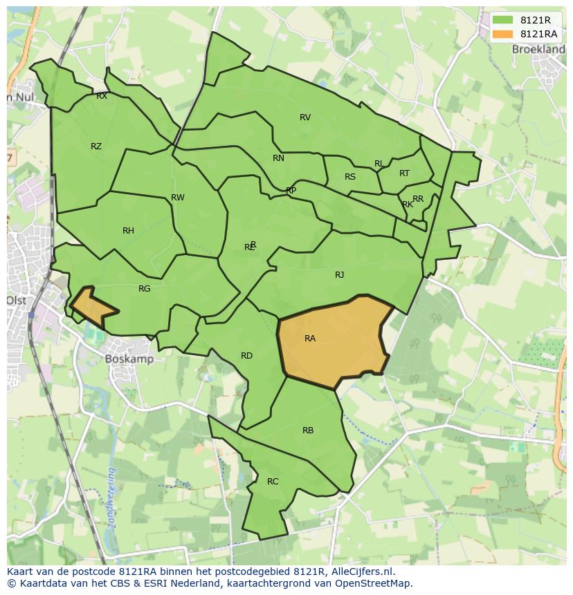 Afbeelding van het postcodegebied 8121 RA op de kaart.