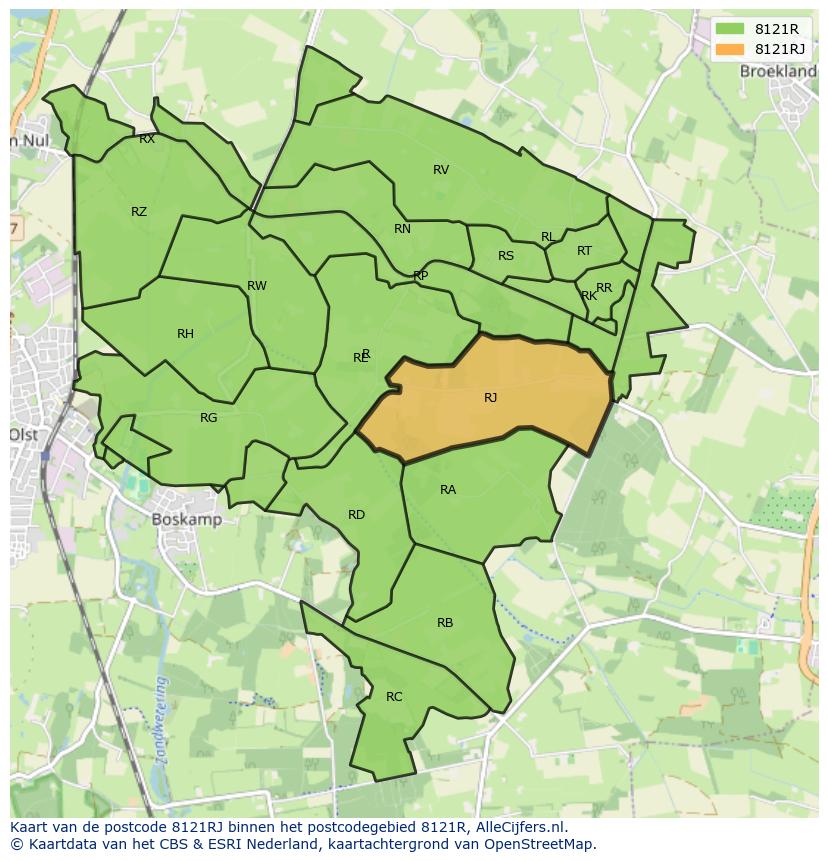Afbeelding van het postcodegebied 8121 RJ op de kaart.