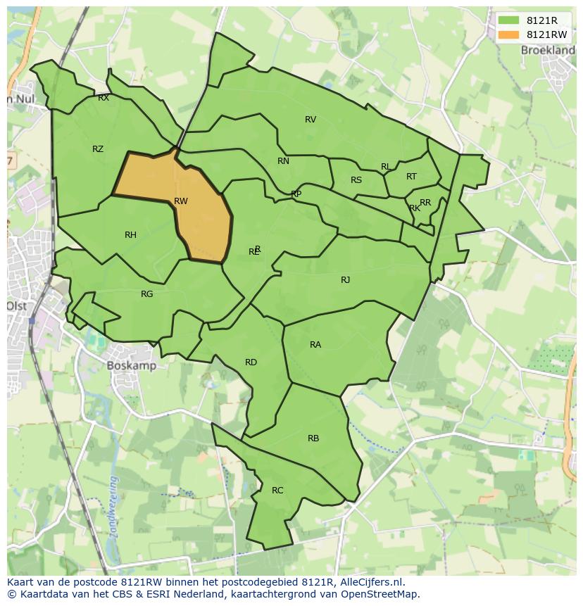 Afbeelding van het postcodegebied 8121 RW op de kaart.