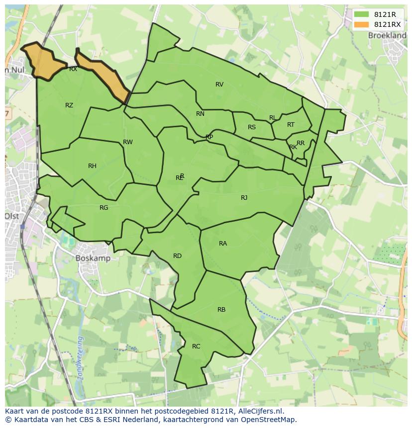 Afbeelding van het postcodegebied 8121 RX op de kaart.