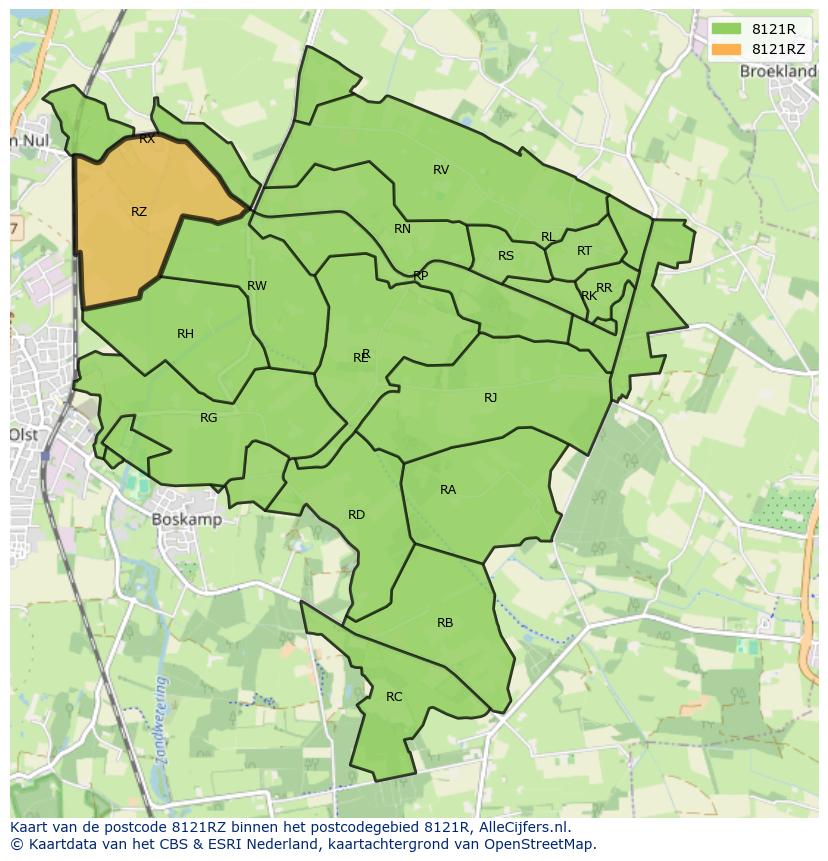 Afbeelding van het postcodegebied 8121 RZ op de kaart.