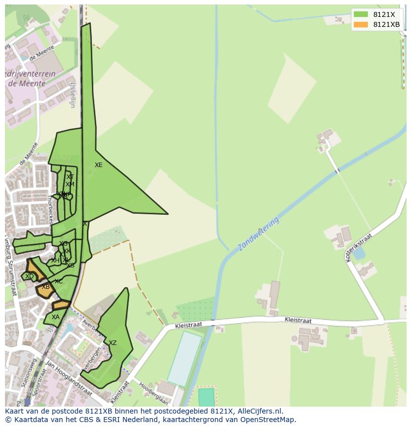 Afbeelding van het postcodegebied 8121 XB op de kaart.