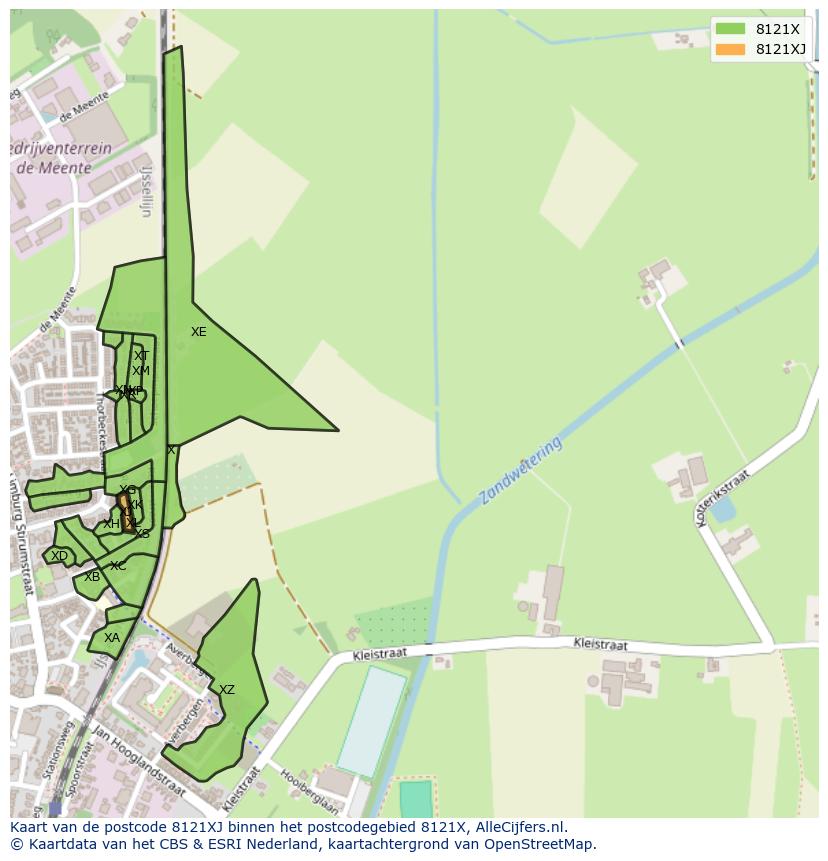 Afbeelding van het postcodegebied 8121 XJ op de kaart.