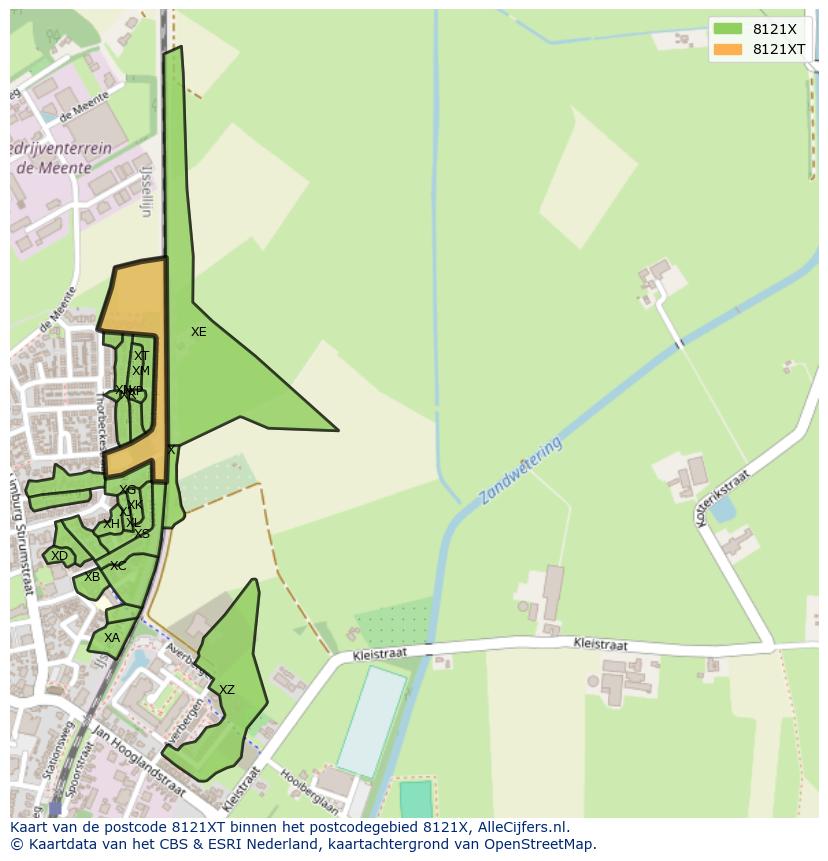 Afbeelding van het postcodegebied 8121 XT op de kaart.