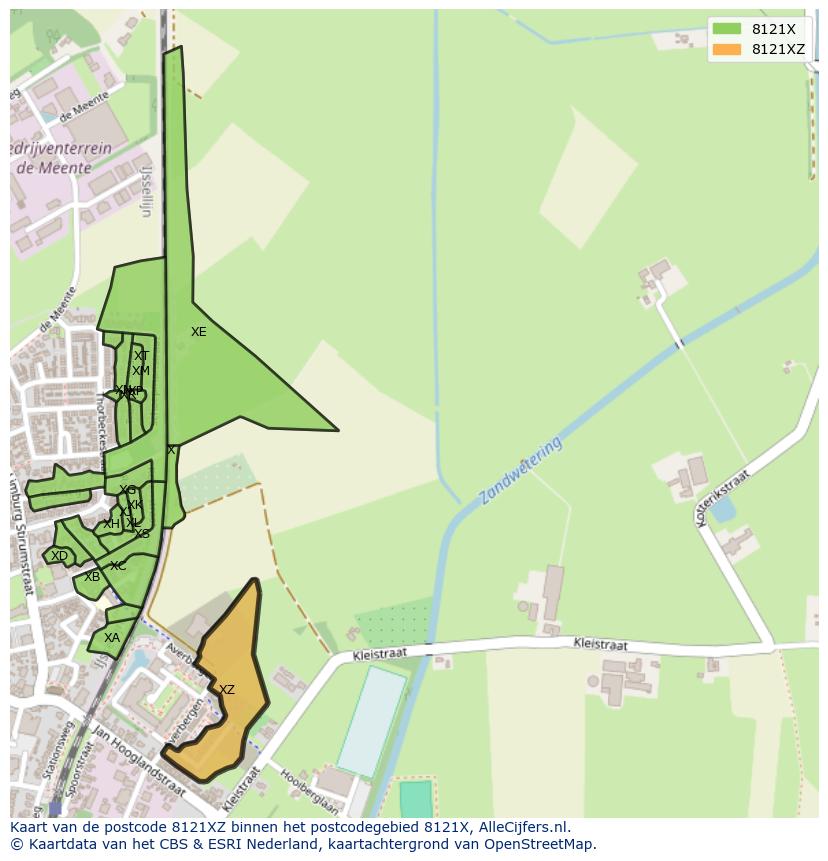 Afbeelding van het postcodegebied 8121 XZ op de kaart.