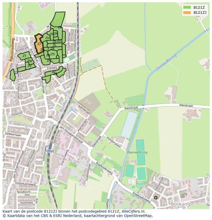 Afbeelding van het postcodegebied 8121 ZJ op de kaart.