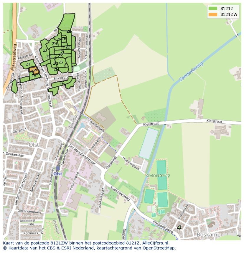 Afbeelding van het postcodegebied 8121 ZW op de kaart.