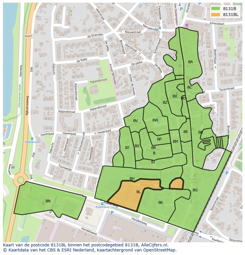 Afbeelding van het postcodegebied 8131 BL op de kaart.
