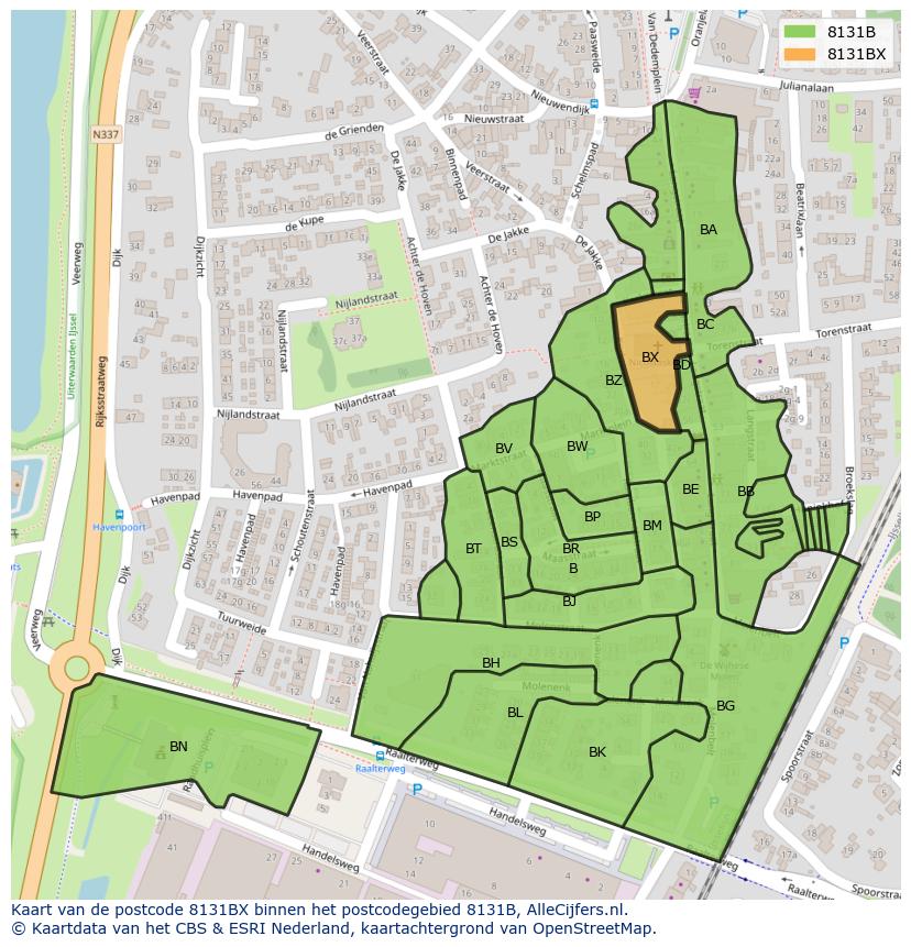 Afbeelding van het postcodegebied 8131 BX op de kaart.