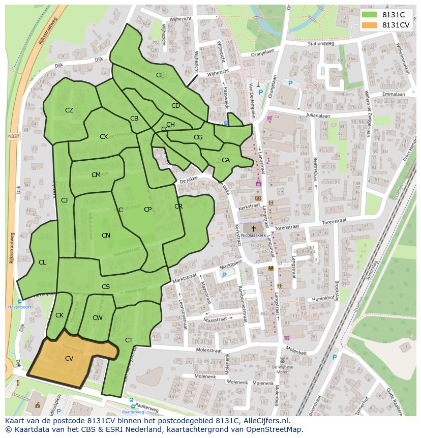 Afbeelding van het postcodegebied 8131 CV op de kaart.