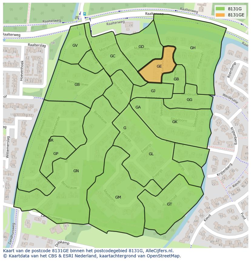 Afbeelding van het postcodegebied 8131 GE op de kaart.