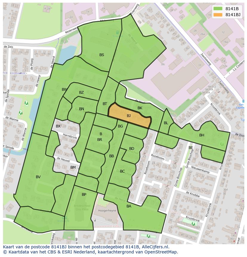 Afbeelding van het postcodegebied 8141 BJ op de kaart.