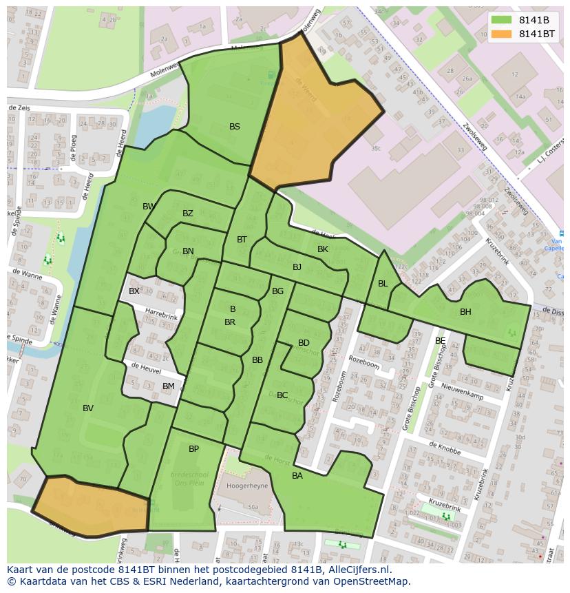 Afbeelding van het postcodegebied 8141 BT op de kaart.