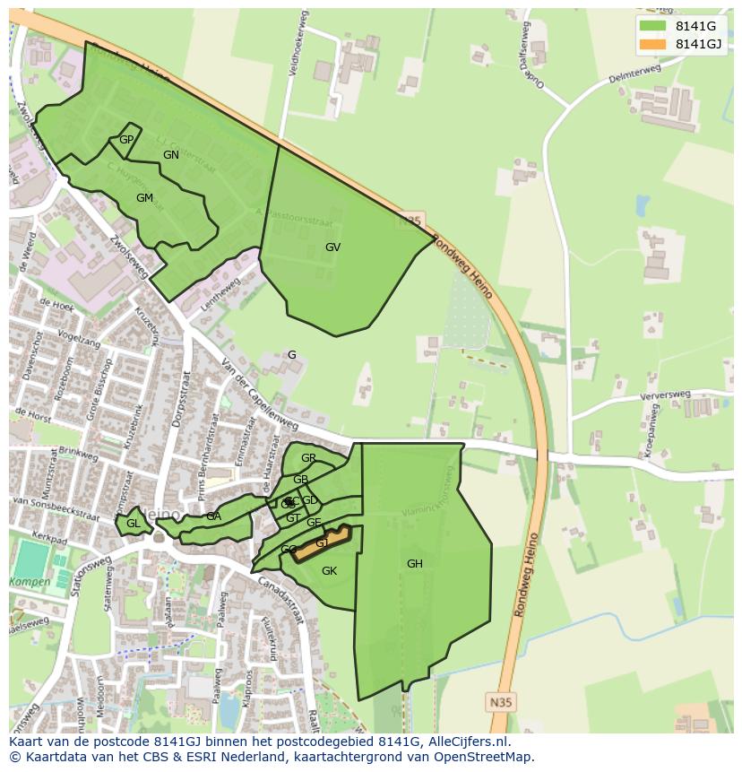 Afbeelding van het postcodegebied 8141 GJ op de kaart.